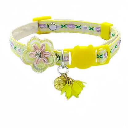 Close-up of Mokka Floral Charm Cat Collar showing bell and floral design