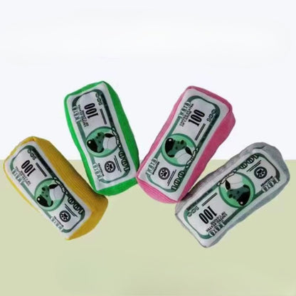 Petkin plush dog toy shaped like a stack of money with green and white fabric