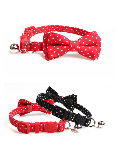Mokka adjustable cat collar with red polka dot bow tie shown from side angle