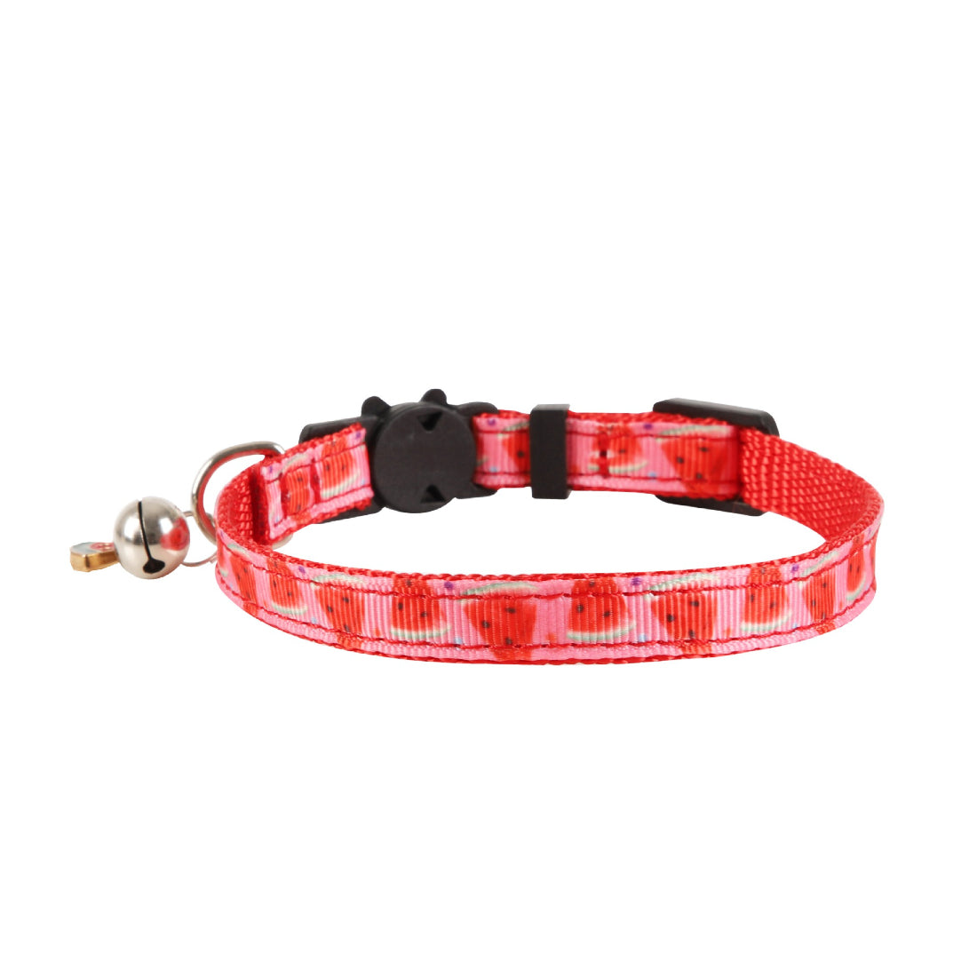 Close-up of Mokka cat collar featuring colorful fruit print and attached bell