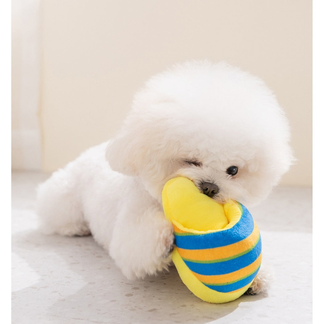 Petkin striped slipper plush dog toy photographed from above showing full slipper design
