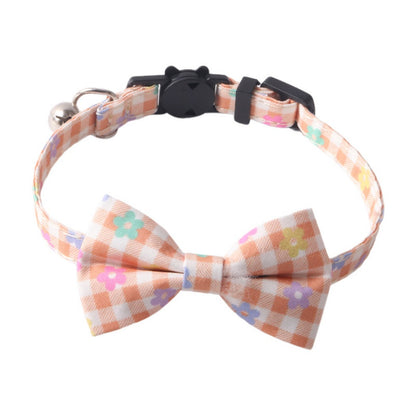 Mokka cat collar with floral bow tie in soft pink color featuring white floral print