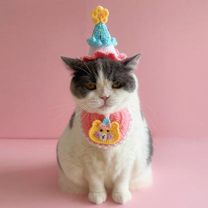 Mokka - Bear Pattern Pet Birthday Bib and Hat Set