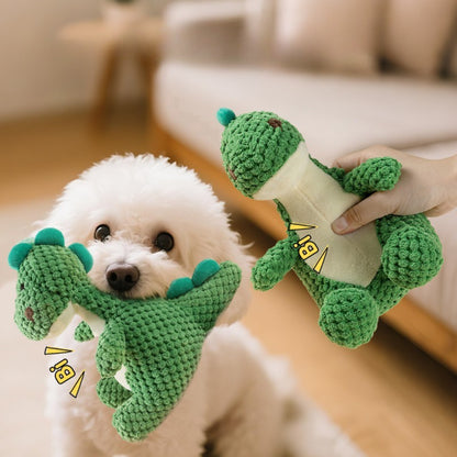 Petkin Cute Dino Dog Plush Toy in green with orange spikes and smiling face