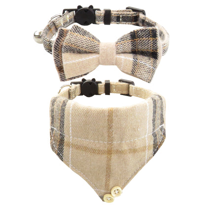Mokka plaid cat collar shown with a bow tie style in a flat lay presentation
