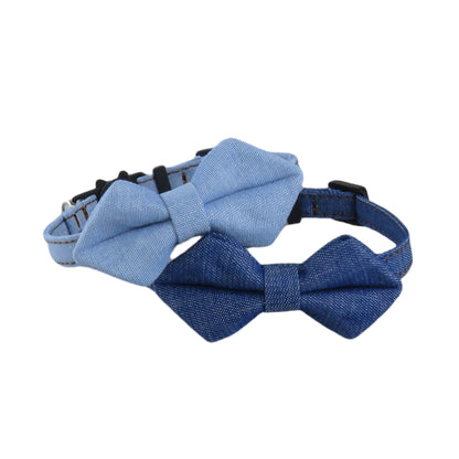Mokka denim bow tie cat collar with adjustable buckle visible