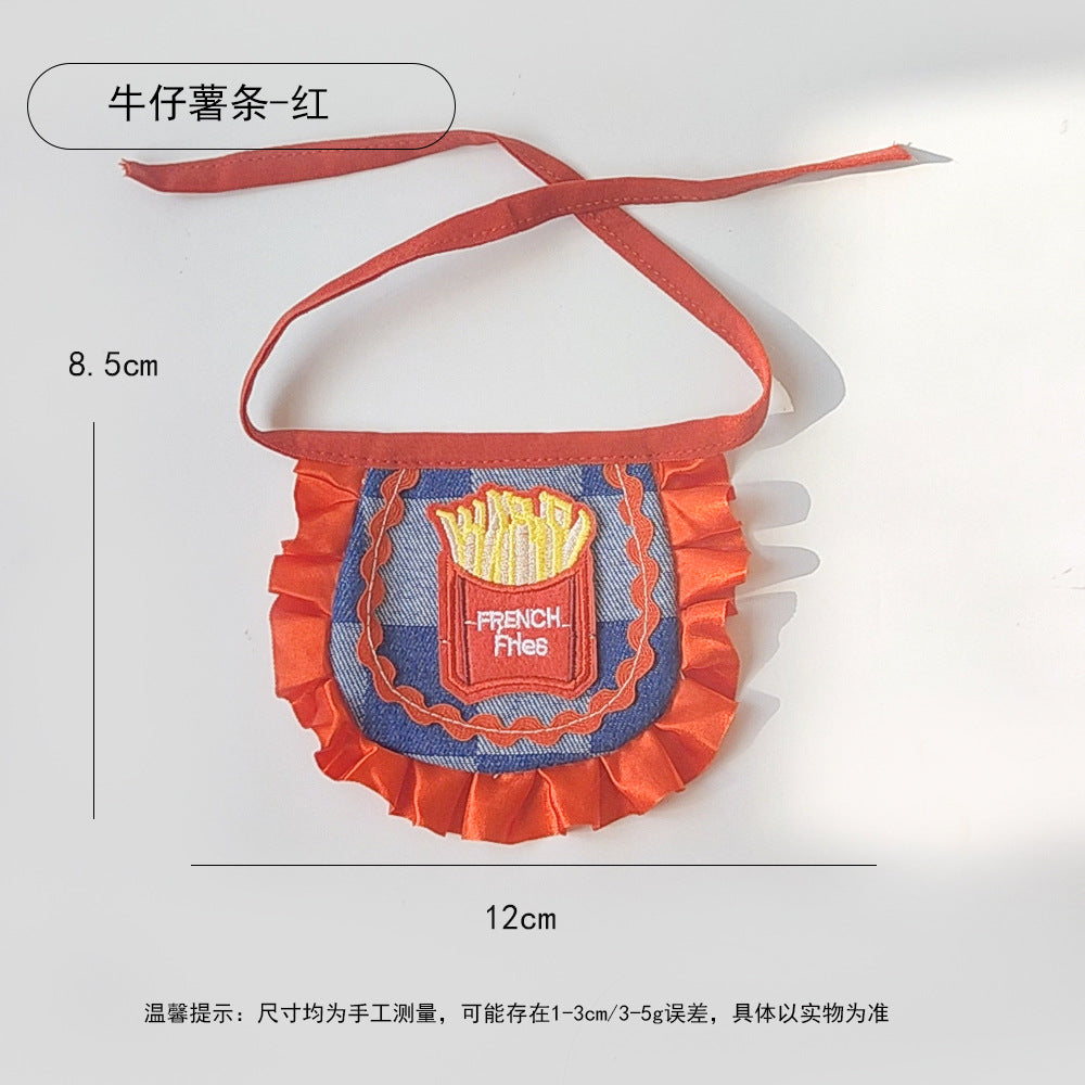 春季新款牛仔缤纷红格子卡通可爱猫咪泰迪通用围兜纷宠物口水巾