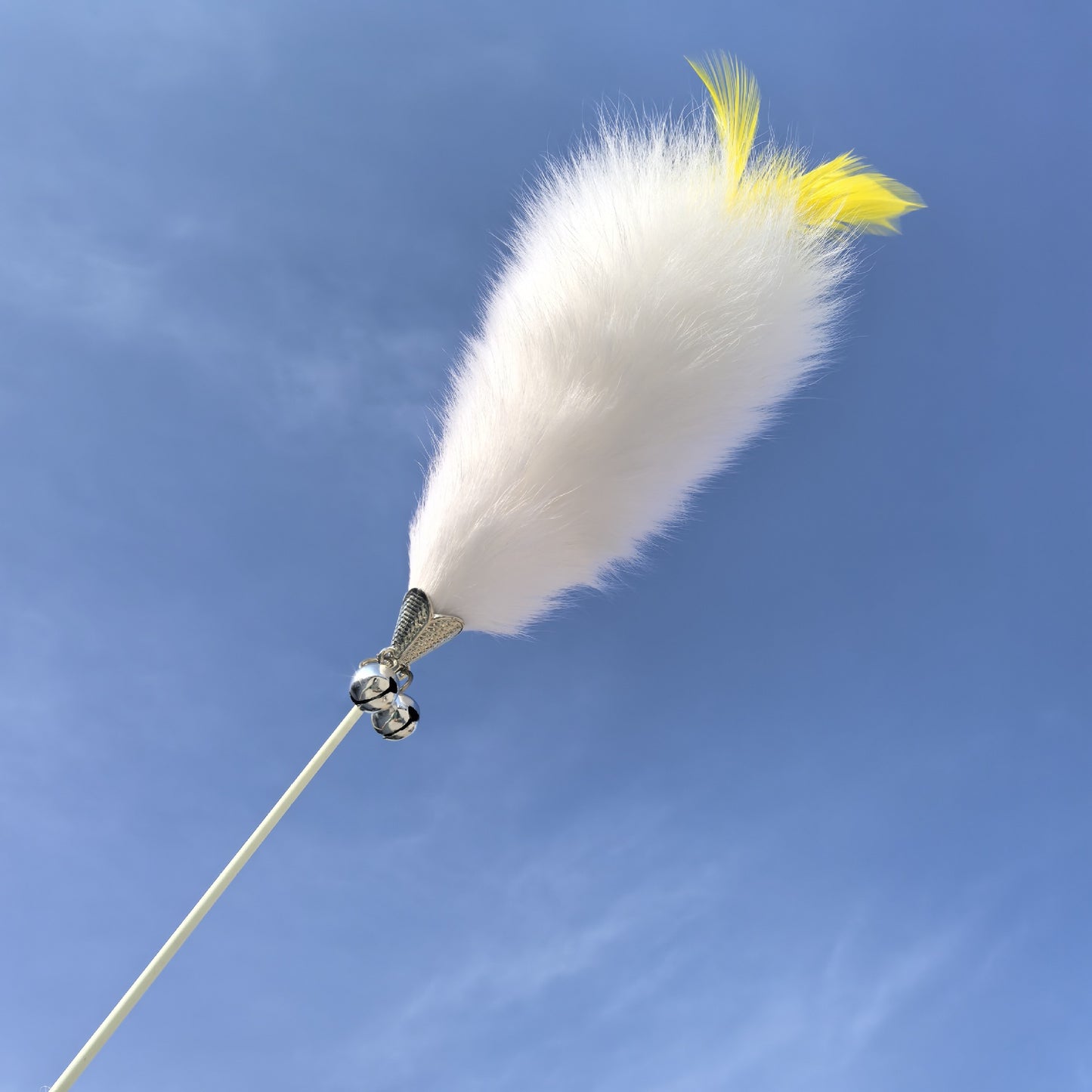 Side view of the Moo Feather Bouquet interactive wand cat toy showing feather details