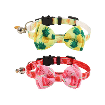 Mokka Tropical Fruit Bow Cat Collar with colorful fruit pattern on a white background