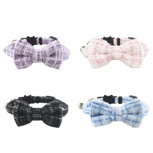 Mokka tweed bow tie cat collar with bell displayed on white background