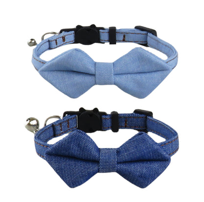 Mokka adjustable denim bow tie cat collar coiled to show flexibility