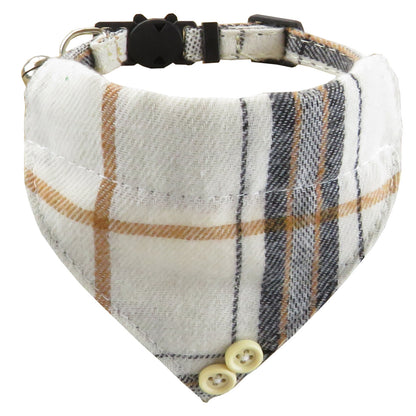 Mokka plaid cat collar shown in bow tie style with clear plaid design