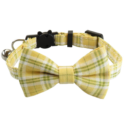 Mokka cat collar with pastel checkered bow tie shown from above