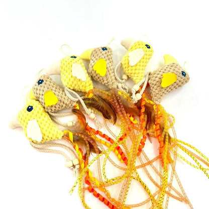 Close-up of Moo Long-Tailed Bird Cat Toy showing detailed feather texture and vibrant colors