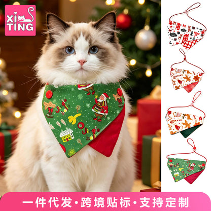 跨境新品圣诞节宠物口水巾猫咪围脖三角巾印花小狗狗宠物衣服批发