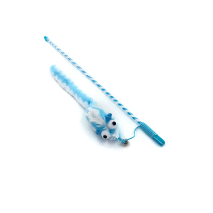 Side view of the Moo interactive cat teaser wand with multicolored feathers