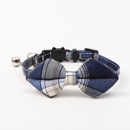 Close-up of Mokka plaid bow tie cat collar showing adjustable strap and bow tie detail