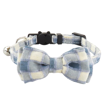 Mokka cat collar with gingham bow tie and breakaway safety buckle on white background