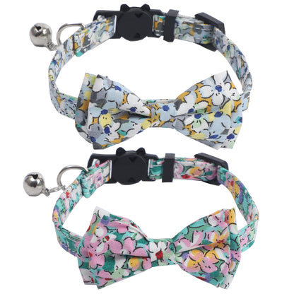Mokka floral bow tie cat collar with bell displayed on white background
