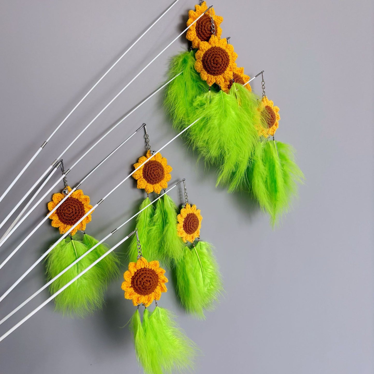Moo Sunflower Feather Bouquet Wand Cat Toy featuring vibrant sunflower and feather bouquet on wand