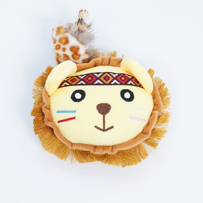 Moo Boho Feather Face Plush Cat Toss Toy with vibrant feather colors on light background