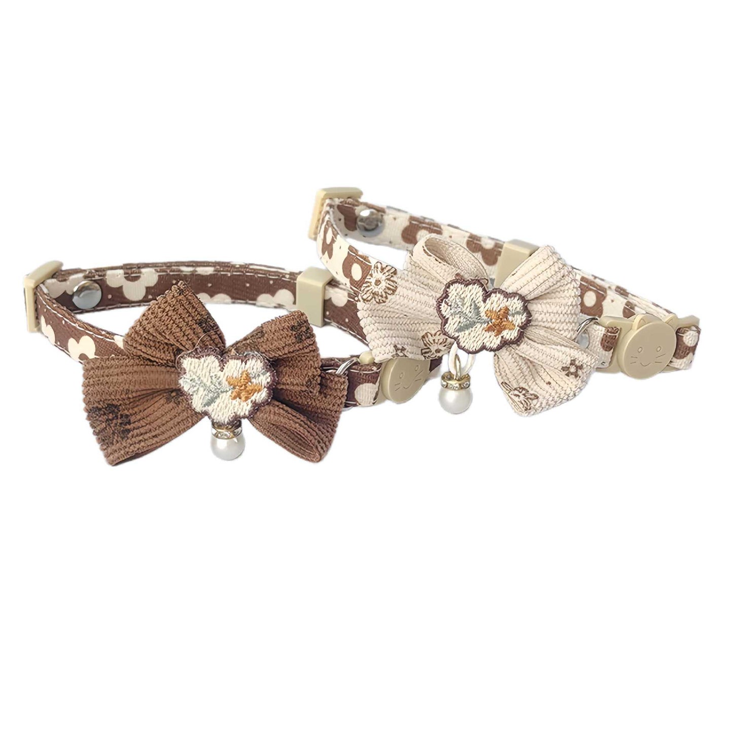 Side view of Mokka bow cat collar highlighting the floral charm detail