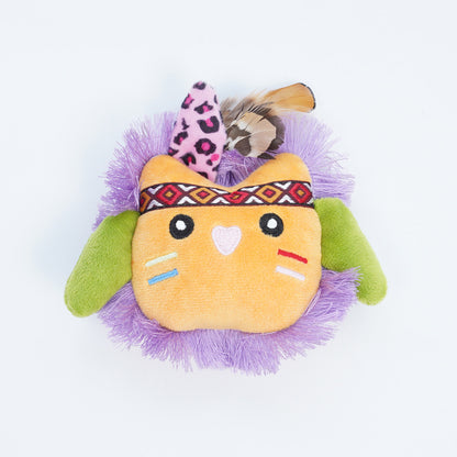 Moo Boho Feather Face Plush Cat Toss Toy displayed on a wooden surface