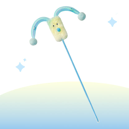 Close-up of Moo Interactive Jester Wand Cat Toy showing detailed jester face design