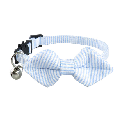 Mokka cat collar with striped bow tie laid flat to show full design