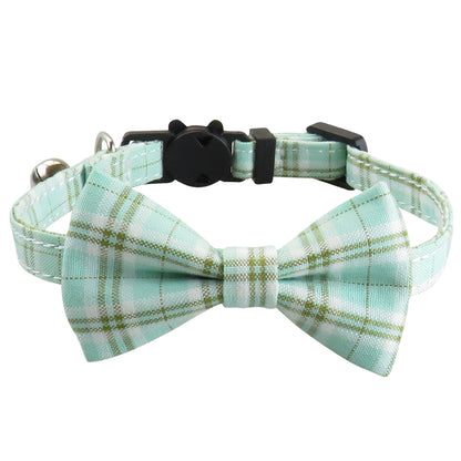 Pastel checkered bow tie on Mokka adjustable cat collar with buckle visible