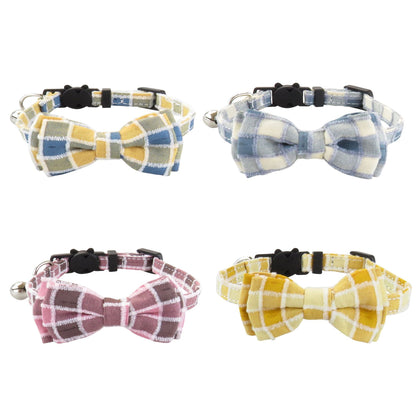 Mokka adjustable gingham bow tie cat collar with breakaway safety design displayed flat