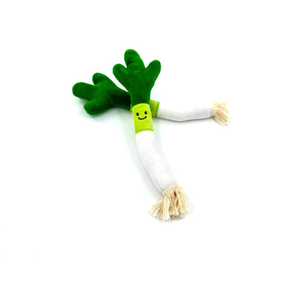 Moo Fun Plush Leek Pet Toy with green plush and white rope ends arranged on flat surface
