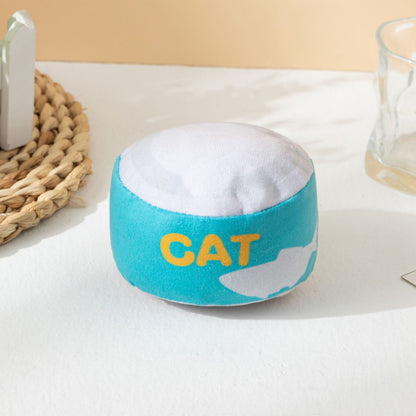 Moo plush can cat toy photographed from above showing full design