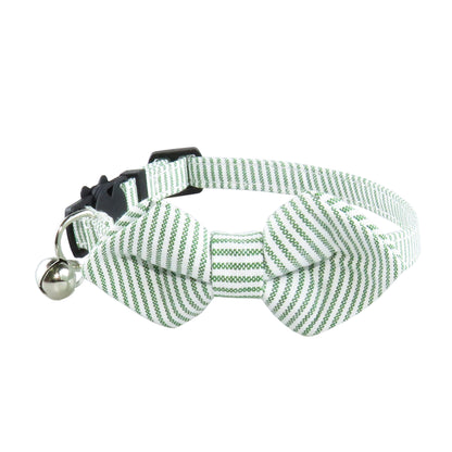 Close-up of Mokka striped bow tie cat collar showing adjustable strap
