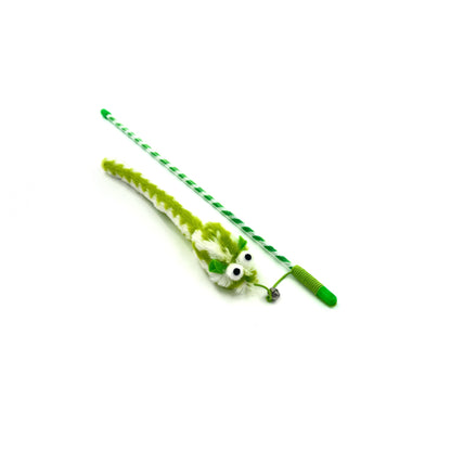 Moo cat teaser wand with bright, colorful feathers attached to a thin stick