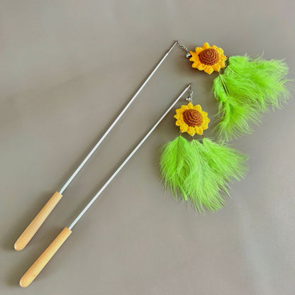 Moo Sunflower Feather Bouquet Wand Cat Toy with bright yellow sunflower and multicolored feathers on stick