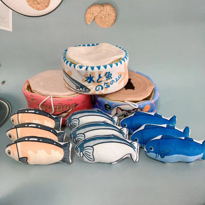 Moo Fish Can Cat Toy in packaging with colorful fish design