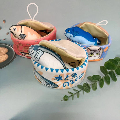 Moo Fish Can Cat Toy angled to show top and side details