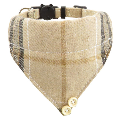 Mokka plaid cat collar in bandana style positioned on a white background