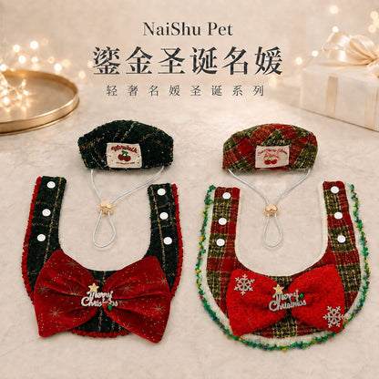 奶薯鎏金圣诞名媛宠物围兜礼帽套装红丝绒蝴蝶结雪花格纹猫狗圣诞