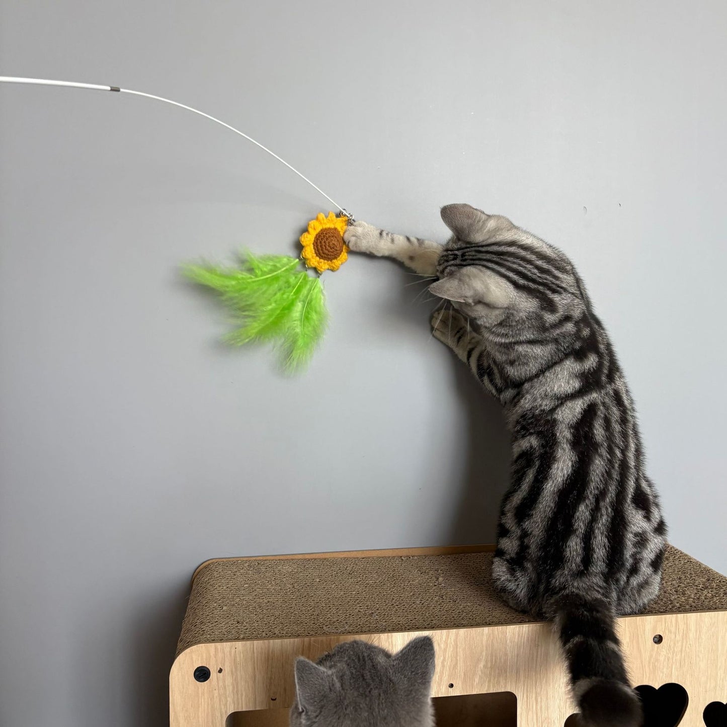 Moo Sunflower Feather Bouquet Wand Cat Toy held in hand displaying the wand and feather bouquet