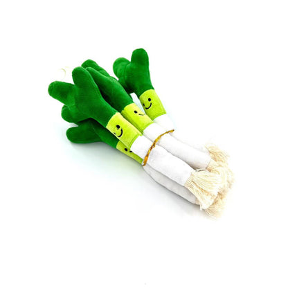 Side view of Moo Fun Plush Leek Pet Toy highlighting the plush leek shape and rope ends