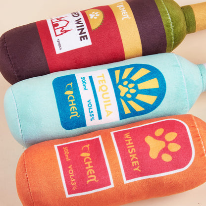 Side view of Petkin Wine Bottle Squeaky Dog Toy highlighting bottle shape and colors
