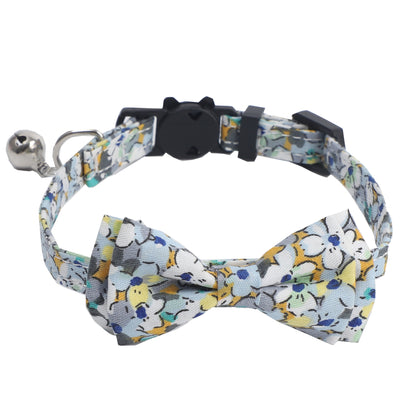 Side view of Mokka floral bow tie cat collar with attached bell