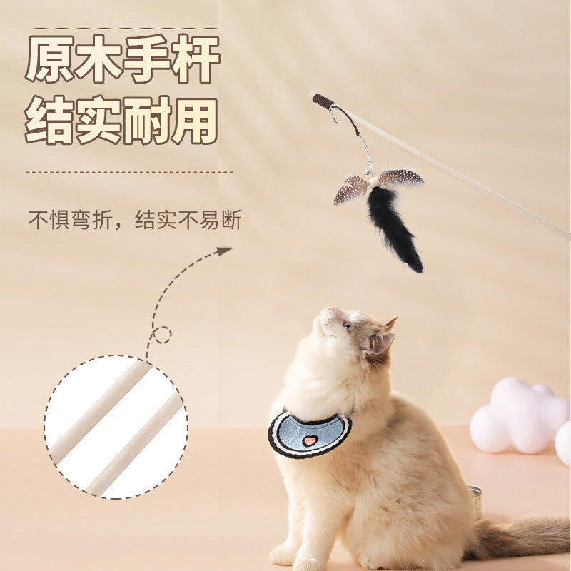 新款木质逗猫棒羽毛弹力绳逗猫棒带铃铛互动自嗨逗宠物益智猫玩具