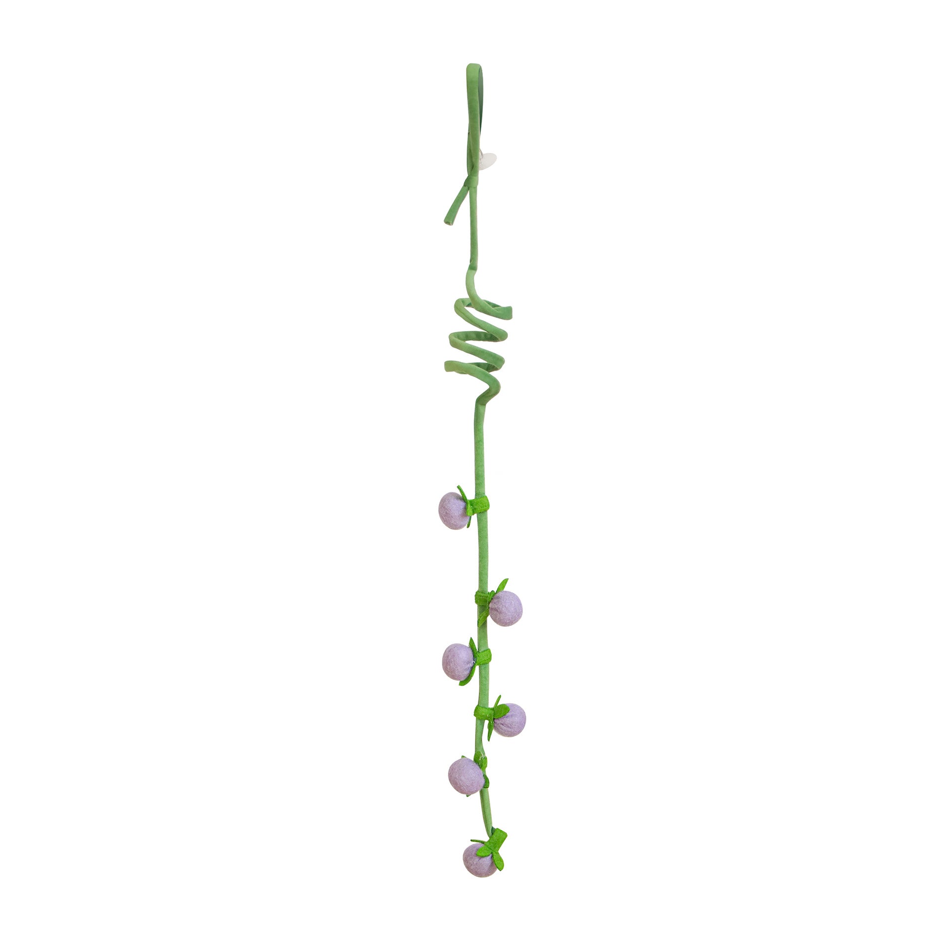 Moo hanging fruit vine cat toy displayed hanging with multiple fruit pieces attached