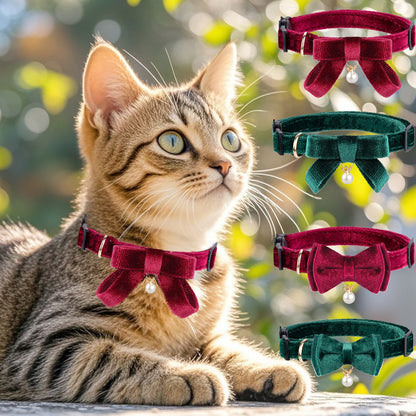 跨境宠物项圈金丝绒酒红墨绿蝴蝶结吊珠猫项圈铃铛宠物用品小型犬