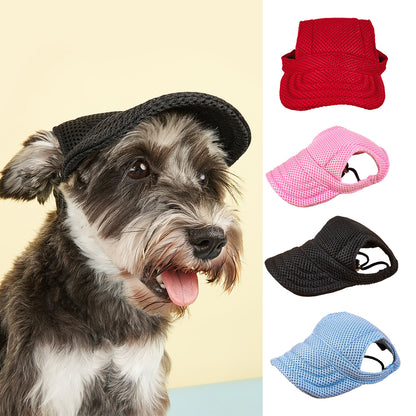 Ozzie lightweight mesh dog hat in blue on a small brown dog outdoors
