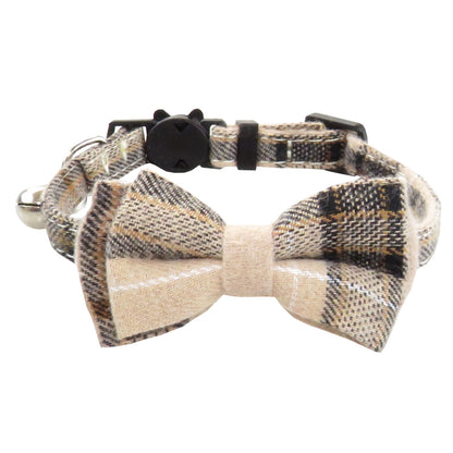 Side view of Mokka plaid cat collar with bow tie style on a plain background