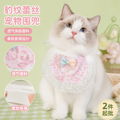 新品宠物蕾丝围兜猫咪豹纹口水巾清新围巾饰品布偶换装配饰批发